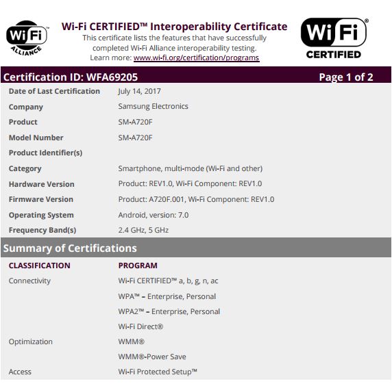 Samsung Galaxy A7 (2017) Wi-Fi Certification
